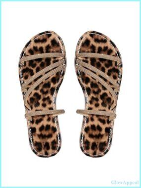 Rhinestone Cheetah Print Slip On Flat Sandals Open Toe Faux Leather Slides